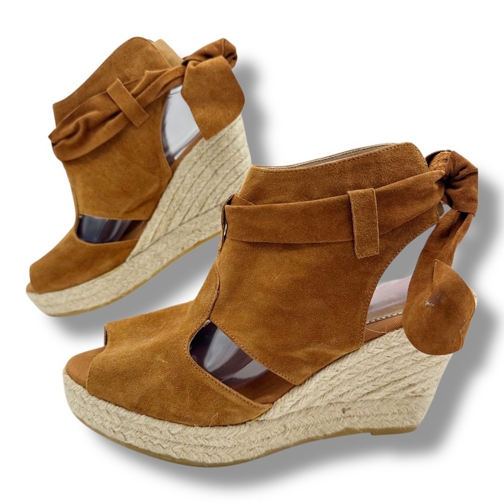 Paseart Suede Espadrille Wedge Sandals Brown‎ Lace Up Peep Toe Women's